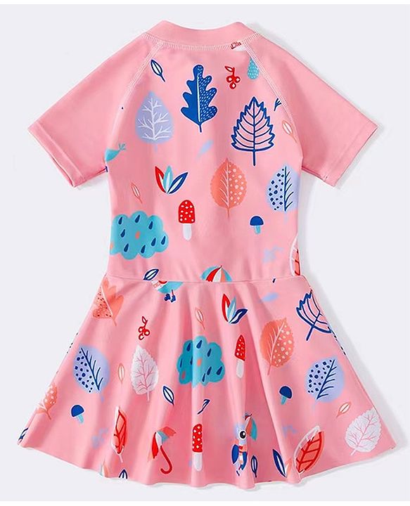 Babyhug Full Sleeves Frock Swimsuit Leaf Print- Pink