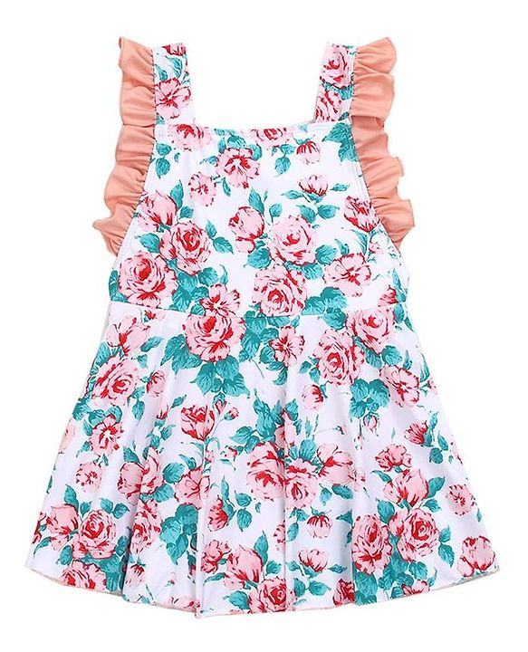 Babyhug Sleeveless Floral Print Frock Swimsuit - Peach