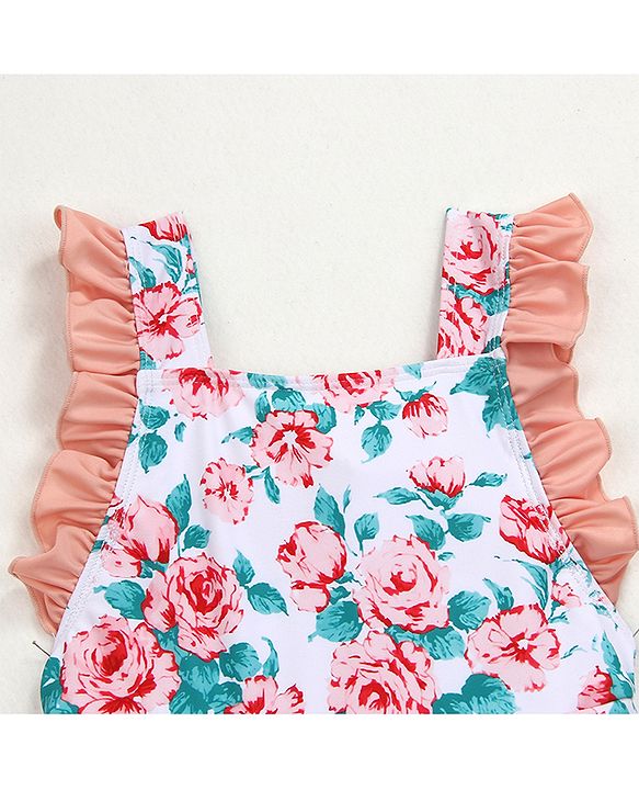 Babyhug Sleeveless Floral Print Frock Swimsuit - Peach
