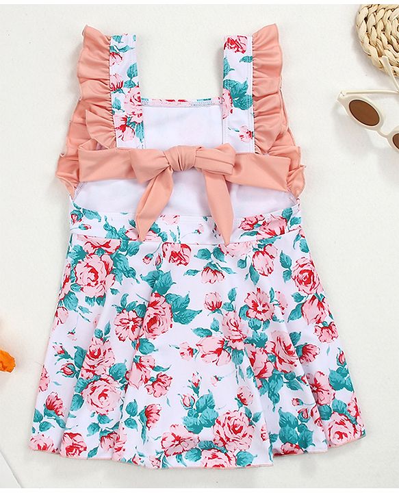 Babyhug Sleeveless Floral Print Frock Swimsuit - Peach