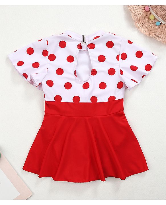 Babyhug Half Sleeves Frock Swimsuit Polka Dots Print - Red