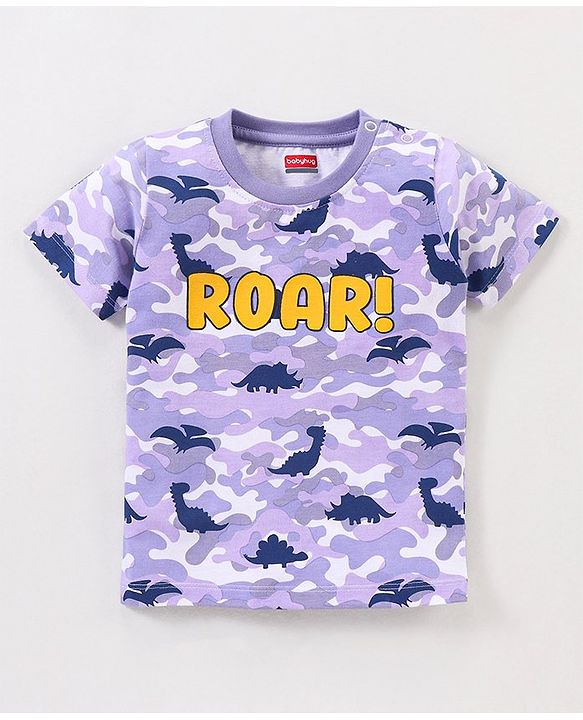 Babyhug Cotton Knit Half Sleeves Dino & Camouflage Printed T-Shirt - Purple & White