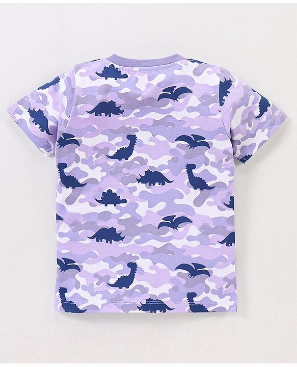 Babyhug Cotton Knit Half Sleeves Dino & Camouflage Printed T-Shirt - Purple & White