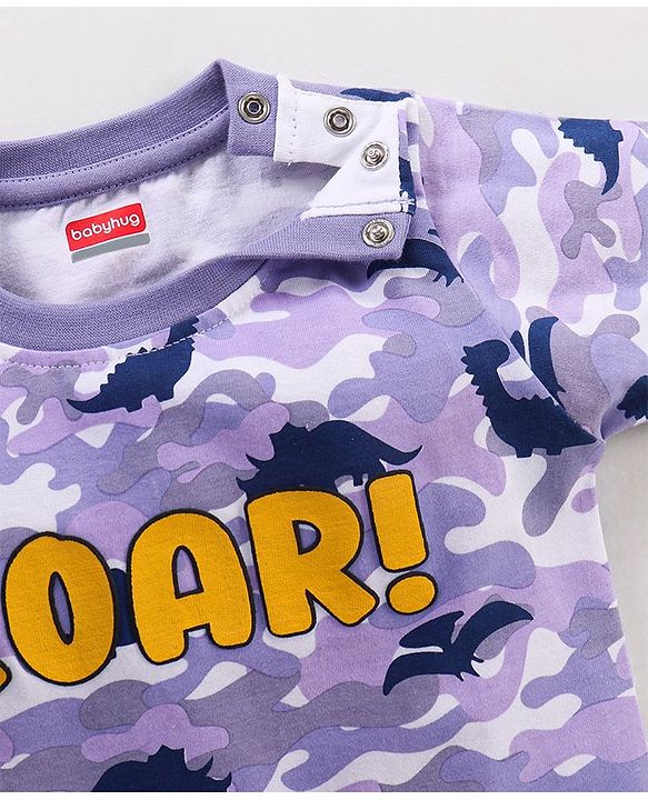 Babyhug Cotton Knit Half Sleeves Dino & Camouflage Printed T-Shirt - Purple & White