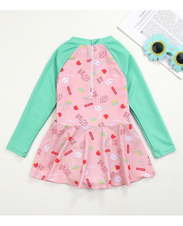 Babyhug Raglan Sleeves Frock Swimsuit Text Print - Pink & Green