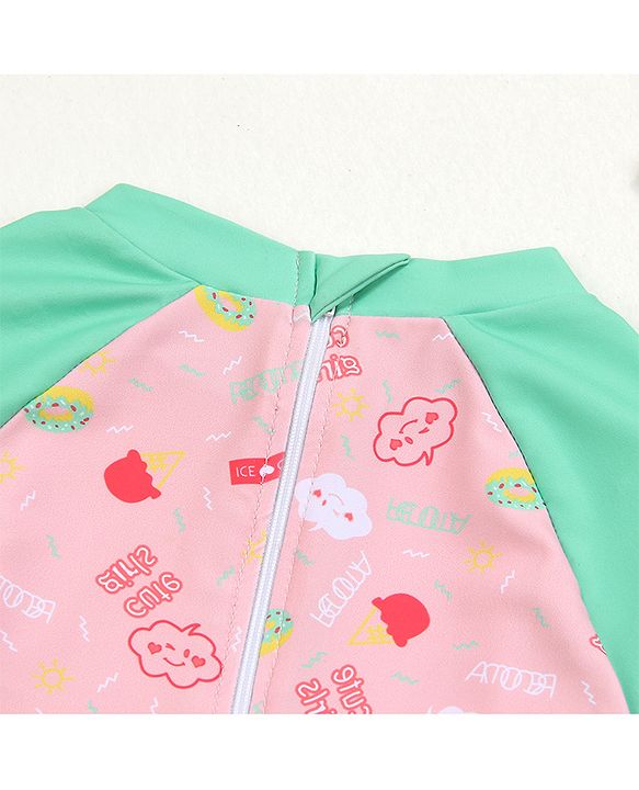 Babyhug Raglan Sleeves Frock Swimsuit Text Print - Pink & Green