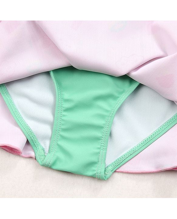 Babyhug Raglan Sleeves Frock Swimsuit Text Print - Pink & Green