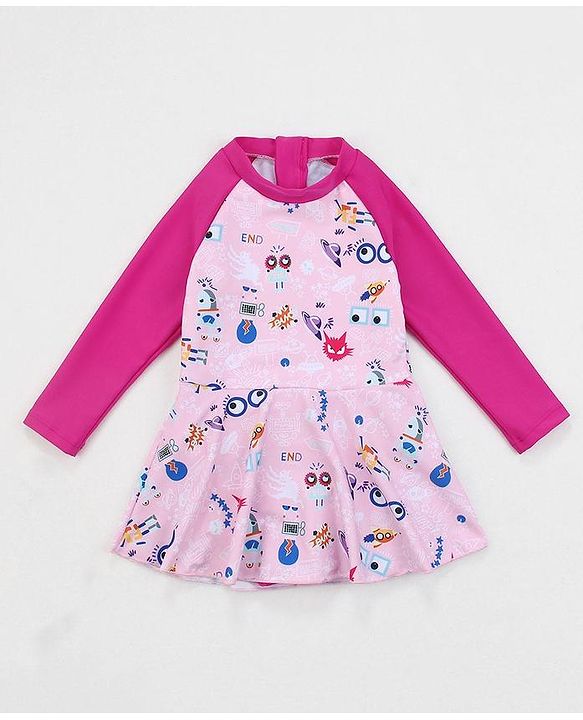 Babyhug Raglan Sleeves Frock Swimsuit Goggles Print - Pink