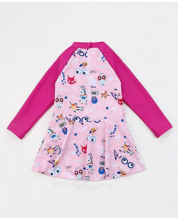 Babyhug Raglan Sleeves Frock Swimsuit Goggles Print - Pink