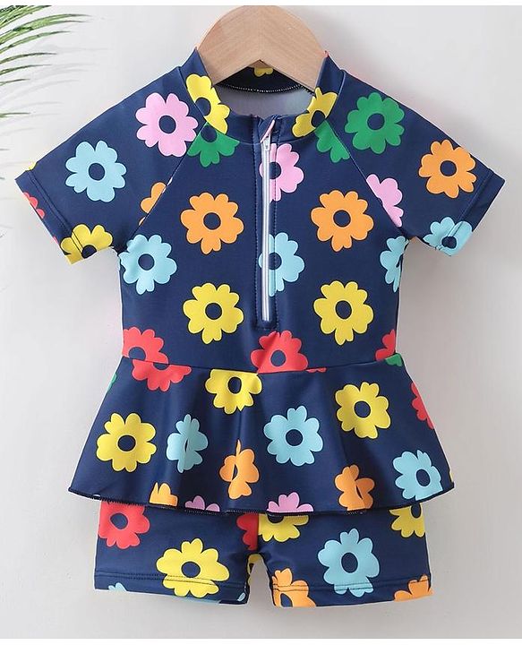 Babyhug Half Sleeves Frock Swimsuit Floral Print - Navy Blue