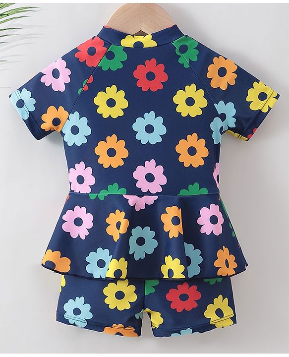 Babyhug Half Sleeves Frock Swimsuit Floral Print - Navy Blue