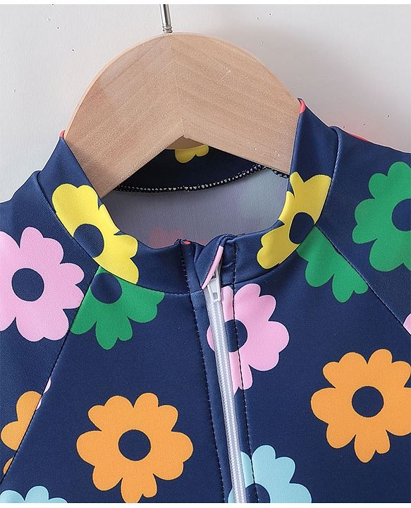 Babyhug Half Sleeves Frock Swimsuit Floral Print - Navy Blue