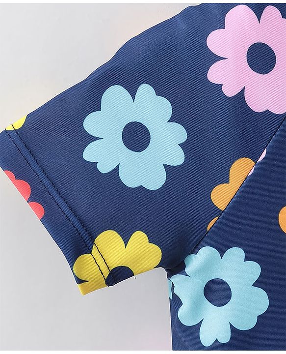 Babyhug Half Sleeves Frock Swimsuit Floral Print - Navy Blue