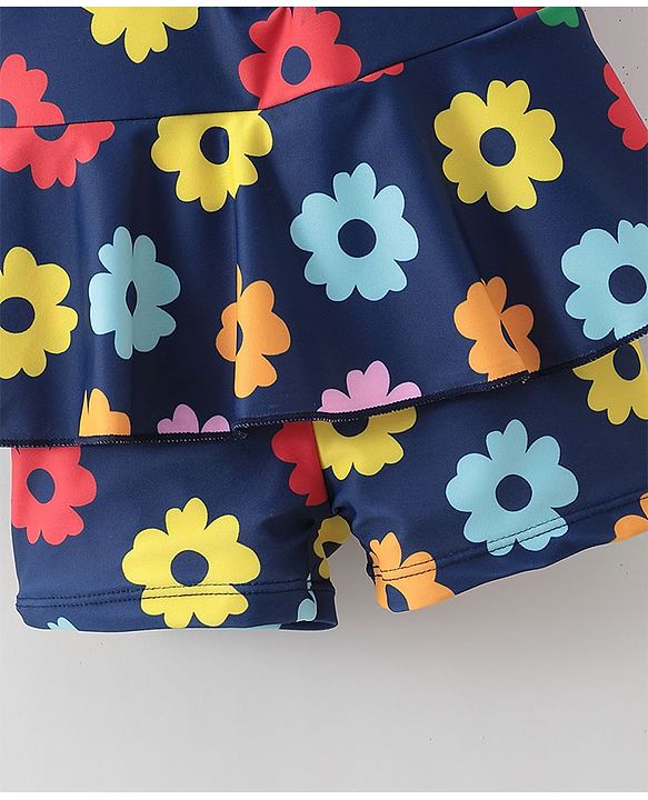 Babyhug Half Sleeves Frock Swimsuit Floral Print - Navy Blue