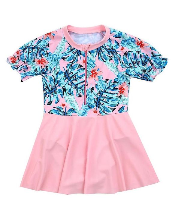 Babyoye Half Sleeves Frock Swimsuit Tropical Print - Pink