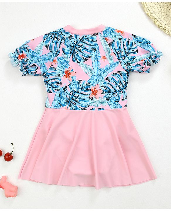 Babyoye Half Sleeves Frock Swimsuit Tropical Print - Pink