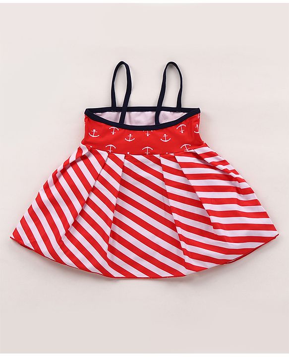 Babyhug Singlet Sleeves Striped Frock Swimsuit with Cap & Bikini Bottomwear - Red