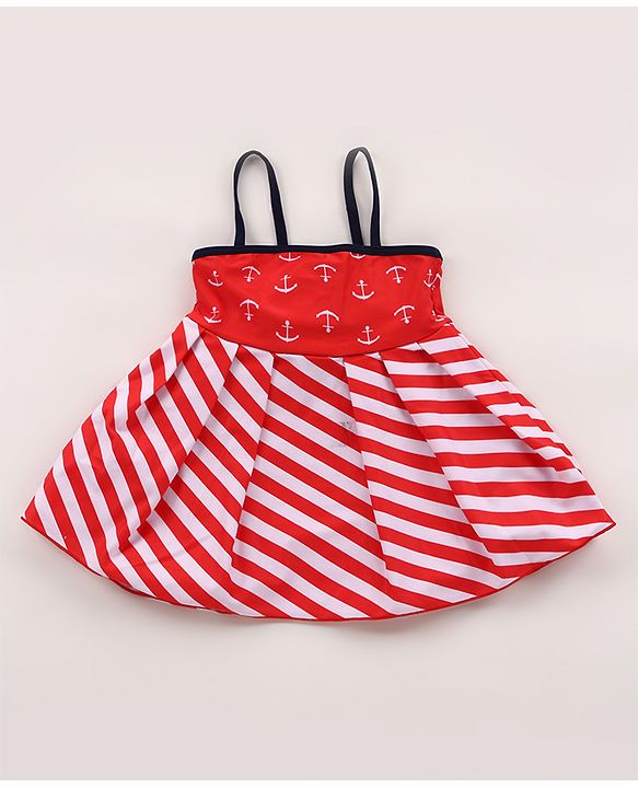 Babyhug Singlet Sleeves Striped Frock Swimsuit with Cap & Bikini Bottomwear - Red