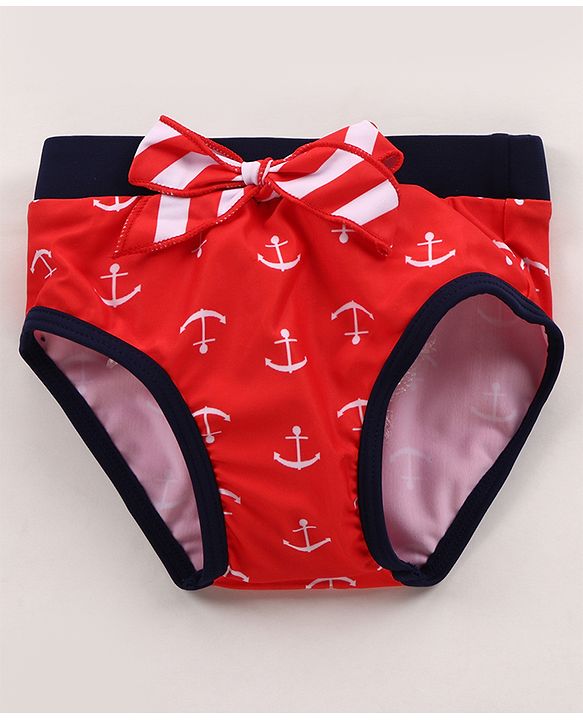Babyhug Singlet Sleeves Striped Frock Swimsuit with Cap & Bikini Bottomwear - Red