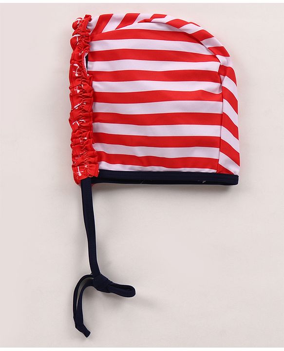 Babyhug Singlet Sleeves Striped Frock Swimsuit with Cap & Bikini Bottomwear - Red