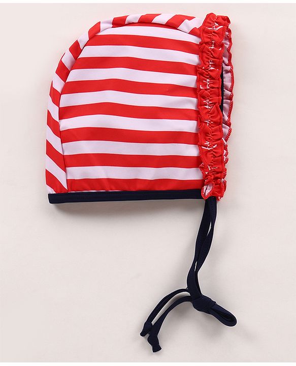 Babyhug Singlet Sleeves Striped Frock Swimsuit with Cap & Bikini Bottomwear - Red