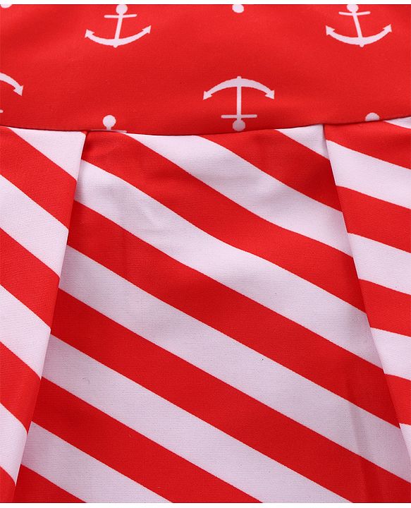 Babyhug Singlet Sleeves Striped Frock Swimsuit with Cap & Bikini Bottomwear - Red