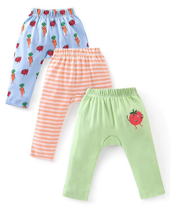 Babyhug Cotton Full Length Diaper Pants Tomato  Carrot Print & Stripes Pack of 3 - Red Blue & Green