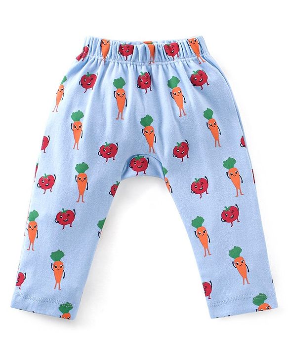 Babyhug Cotton Full Length Diaper Pants Tomato  Carrot Print & Stripes Pack of 3 - Red Blue & Green