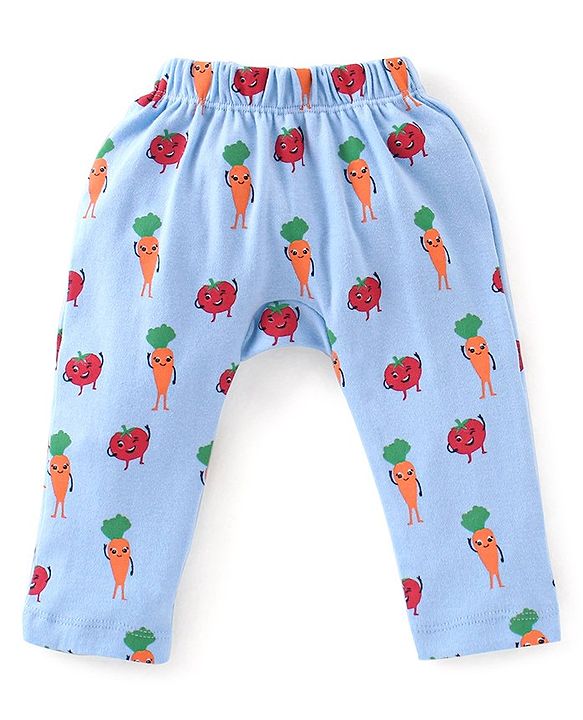 Babyhug Cotton Full Length Diaper Pants Tomato  Carrot Print & Stripes Pack of 3 - Red Blue & Green