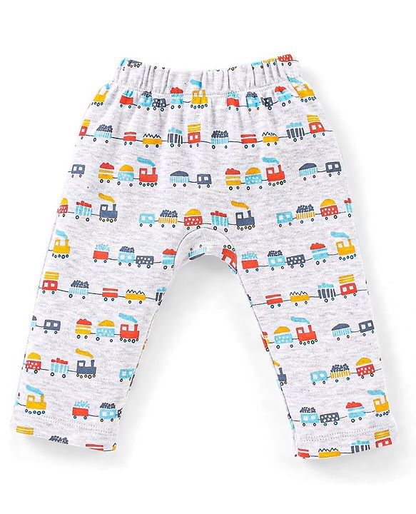 Babyhug Cotton Full Length Diaper Leggings Stripes & Train Print Pack of 3- Blue & White
