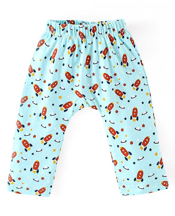 Babyhug Cotton Knit Full Length Diaper Pants Rocket Print Pack of 3 - Yellow Blue & Orange