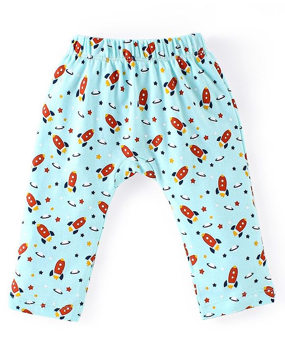 Babyhug Cotton Knit Full Length Diaper Pants Rocket Print Pack of 3 - Yellow Blue & Orange