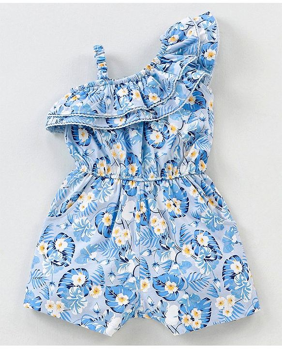 Babyhug 100% Cotton One Shoulder Sleeves Jumpsuit Floral Print- Blue