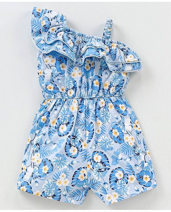 Babyhug 100% Cotton One Shoulder Sleeves Jumpsuit Floral Print- Blue