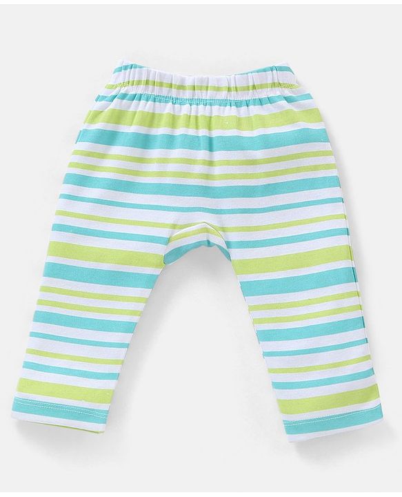 Babyhug Cotton Full Length Diaper Pants Striped & Wild Animal Print Pack Of 3 - Blue & Green