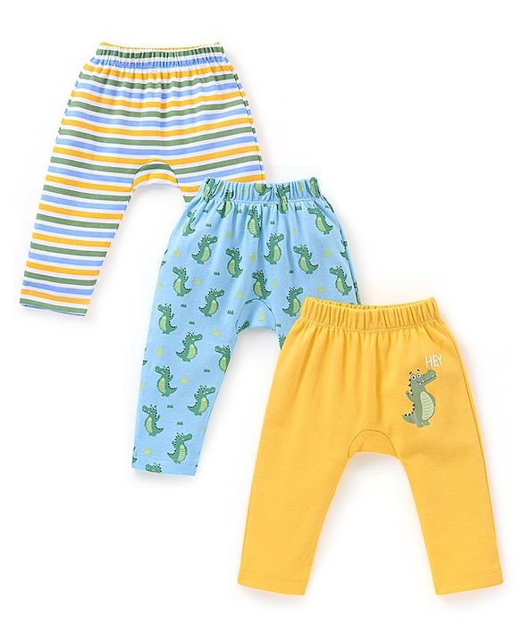 Babyhug Cotton Full Length Diaper Pants Croc Print Pack of 3 - Yellow & Blue