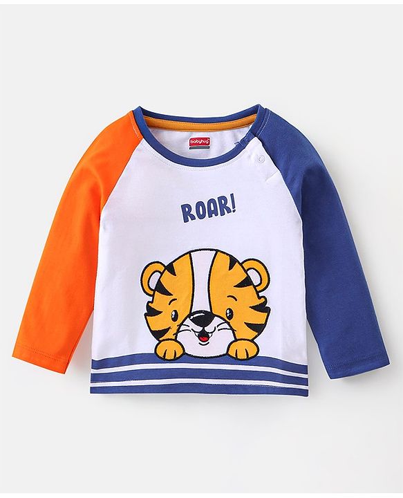 Babyhug 100% Cotton Knit Raglan Sleeves T-Shirt & Lounge Pant With Tiger Embroidery - Orange & White