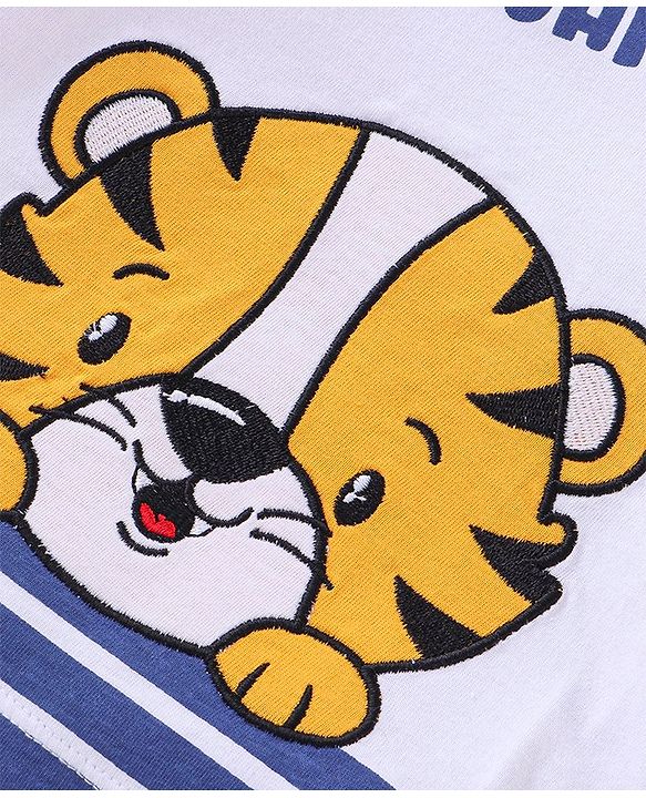 Babyhug 100% Cotton Knit Raglan Sleeves T-Shirt & Lounge Pant With Tiger Embroidery - Orange & White