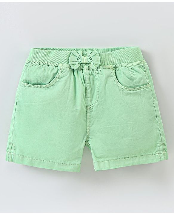 Babyhug 100% Cotton Mid Thigh Length Solid Shorts with Bow Applique - Light Green
