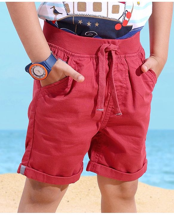 Babyhug 100% Cotton Mid Thigh Length Soilid Colour Shorts - Red