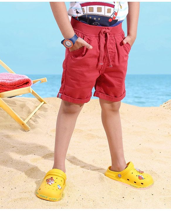 Babyhug 100% Cotton Mid Thigh Length Soilid Colour Shorts - Red