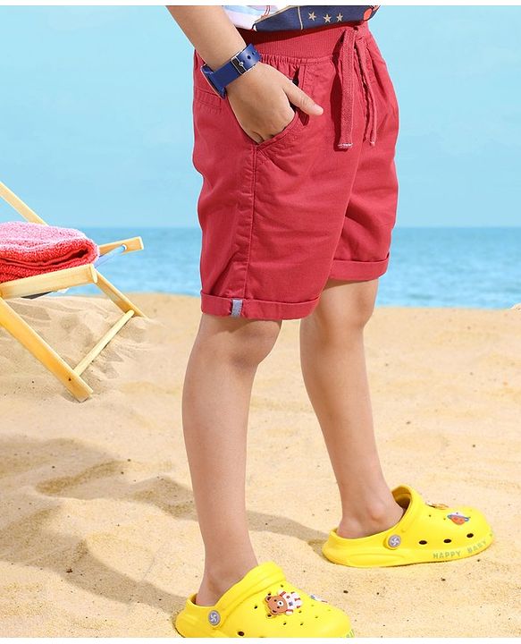 Babyhug 100% Cotton Mid Thigh Length Soilid Colour Shorts - Red