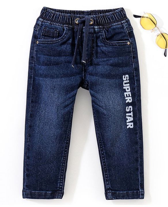 Babyhug Cotton Full Length Stretchable Denim Jeans Text Print - Dark Blue