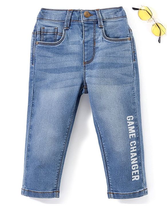 Babyhug Cotton Full Length Stretchable Denim Jeans Game Changer Text Print  With Mock Fly  - Blue