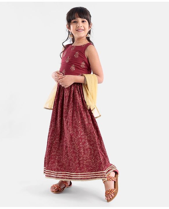 Babyhug Sleeveless Choli With Lehenga And Dupatta Floral Print- Maroon