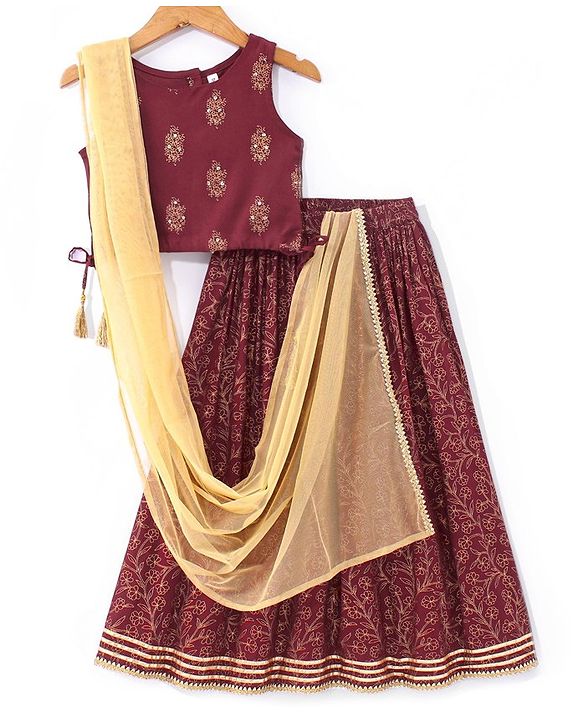 Babyhug Sleeveless Choli With Lehenga And Dupatta Floral Print- Maroon