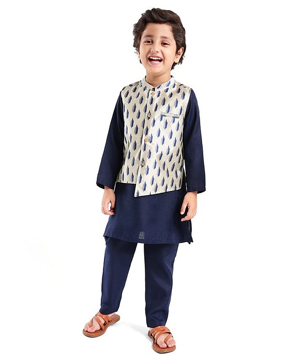 Babyhug 100% Cotton Flex Full Sleeves Kurta Pyjama Set with Waistcoat - Blue