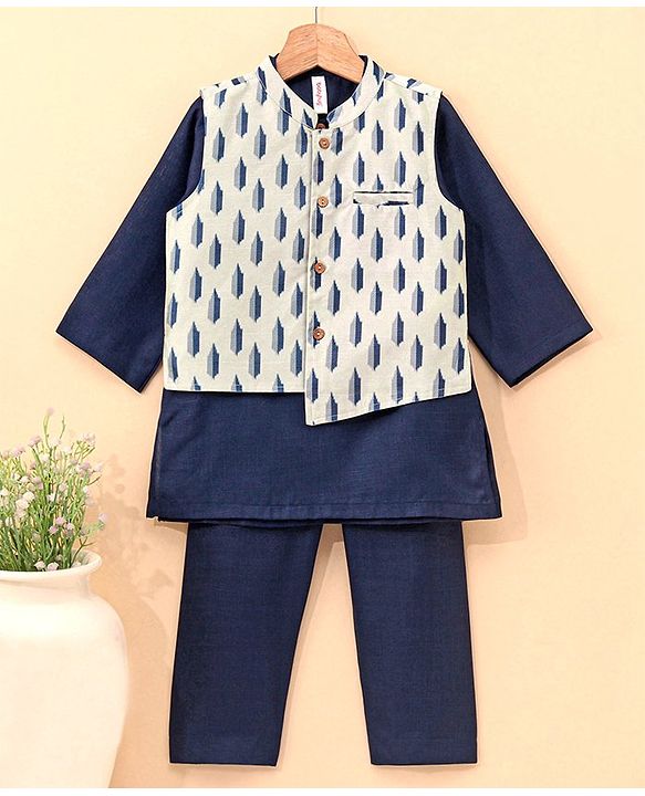 Babyhug 100% Cotton Flex Full Sleeves Kurta Pyjama Set with Waistcoat - Blue