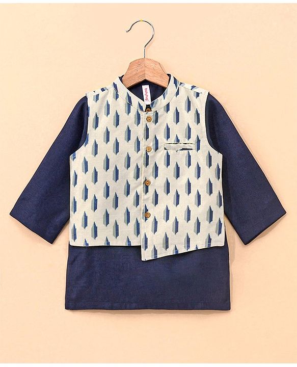 Babyhug 100% Cotton Flex Full Sleeves Kurta Pyjama Set with Waistcoat - Blue