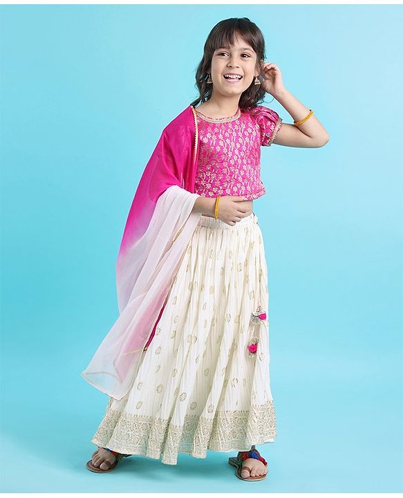 Babyhug Half Sleeves Brocade Choli & Pleated Foil Print Lehenga With Dupatta Set - Off White & Pink